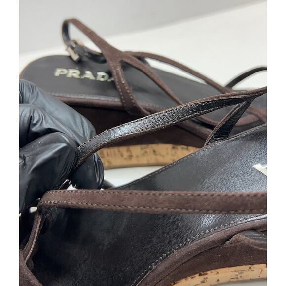 PRADA Brown Suede Cork Heel Platform Wedge Sandals Size EU 38 - Picture 7 of 11
